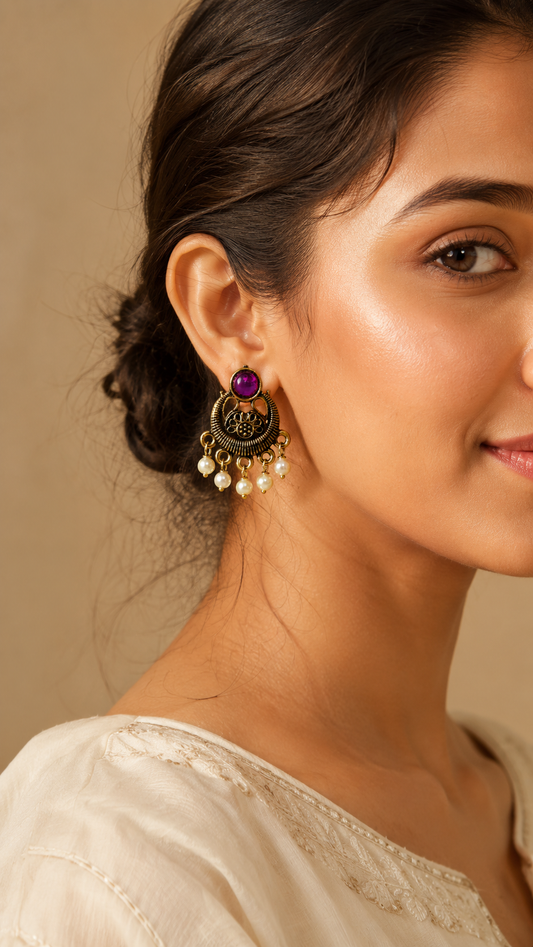Magenta Bloom Pearl Drop Earrings