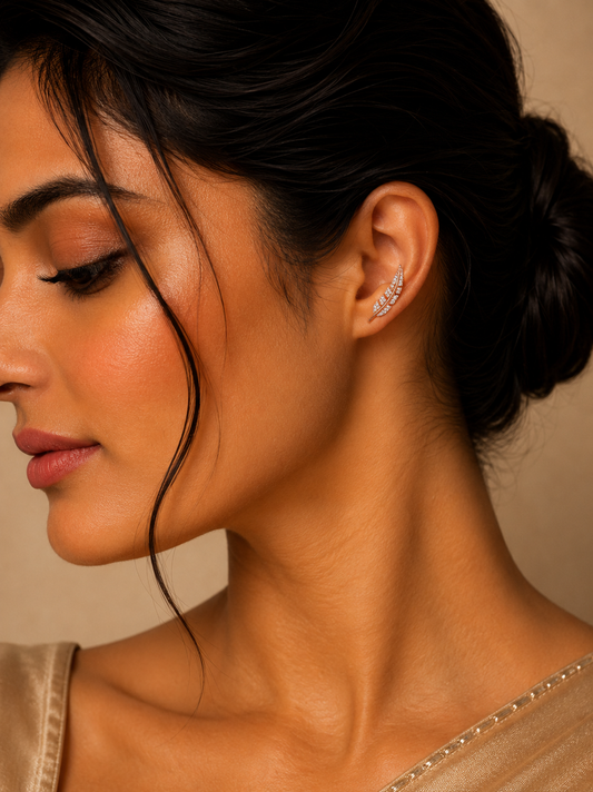 Crystal Feather Rose Gold-Toned Ear Crawlers