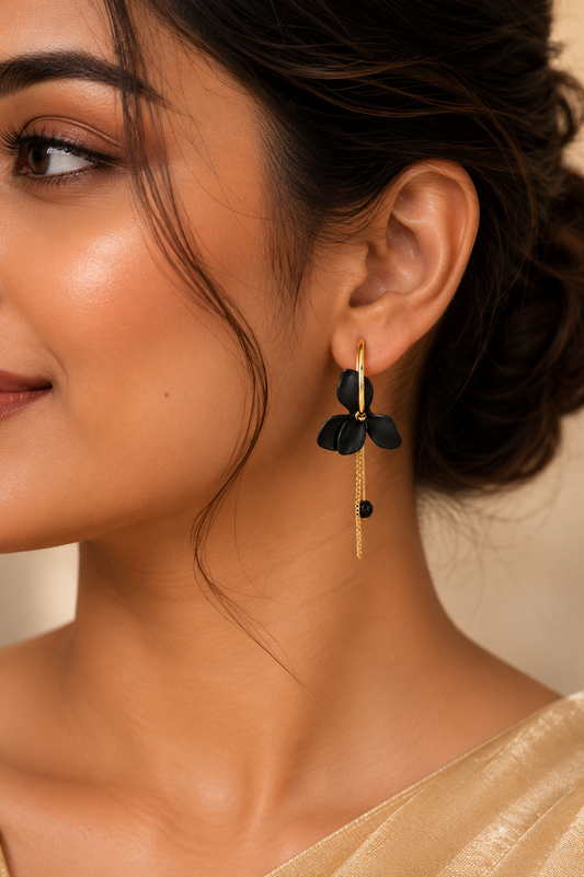 Onyx Blossom Asymmetric Chain Hoop Earrings