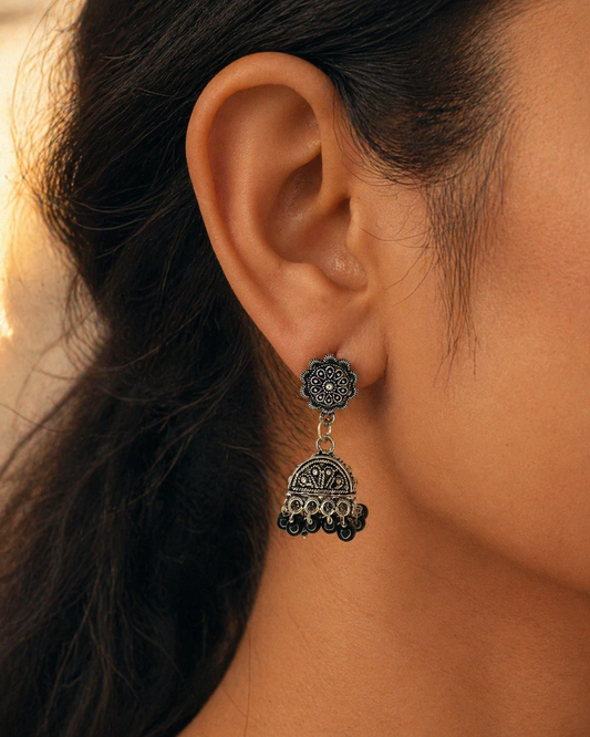 Ziva Black Bead Oxidised Jhumka Earrings