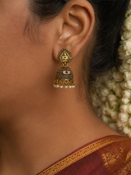 Ishira Temple Pearl Jhumka Earrings
