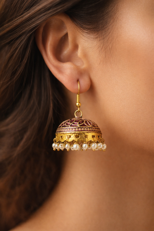 Zoya Ruby Enamel Pearl Jhumka Earrings