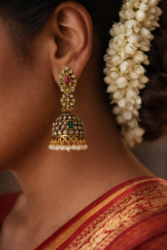 Elara Crystal Pearl Jhumka Earrings