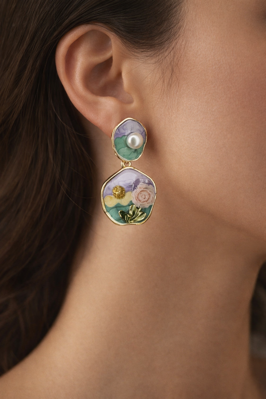 Pearl Floral Enamel Drop Earrings