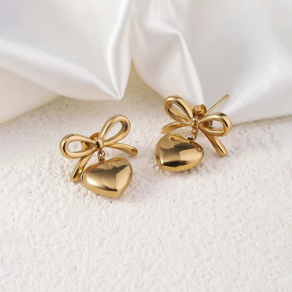 Ribbon Heart Drop Stud Earrings