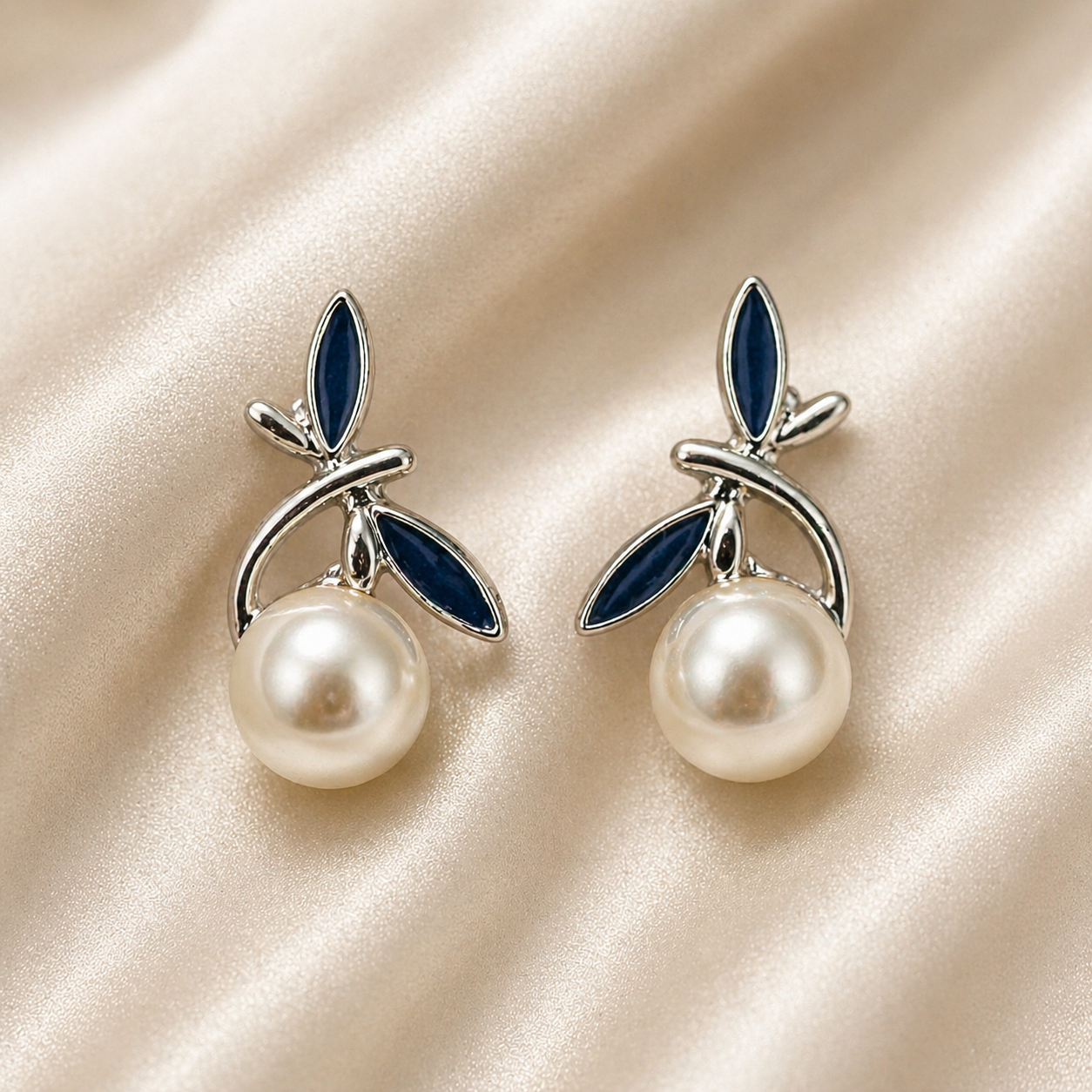 Sapphire Leaf Pearl Stud Earrings