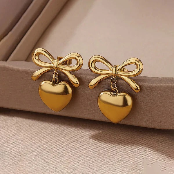 Ribbon Heart Drop Stud Earrings