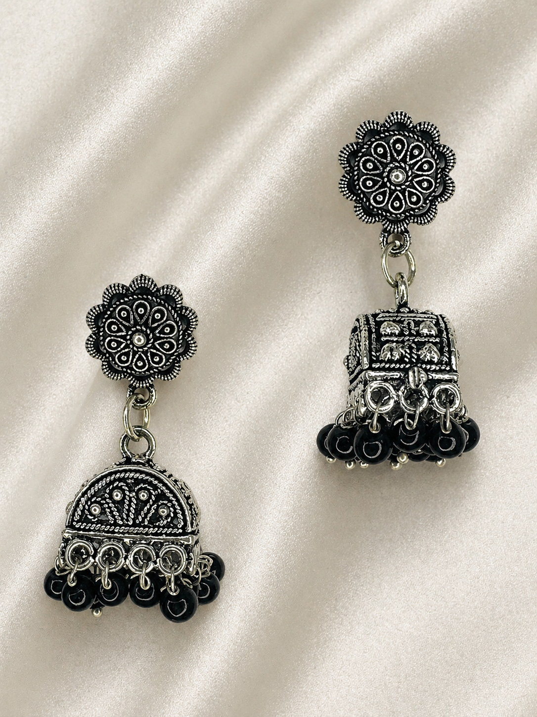 Ziva Black Bead Oxidised Jhumka Earrings