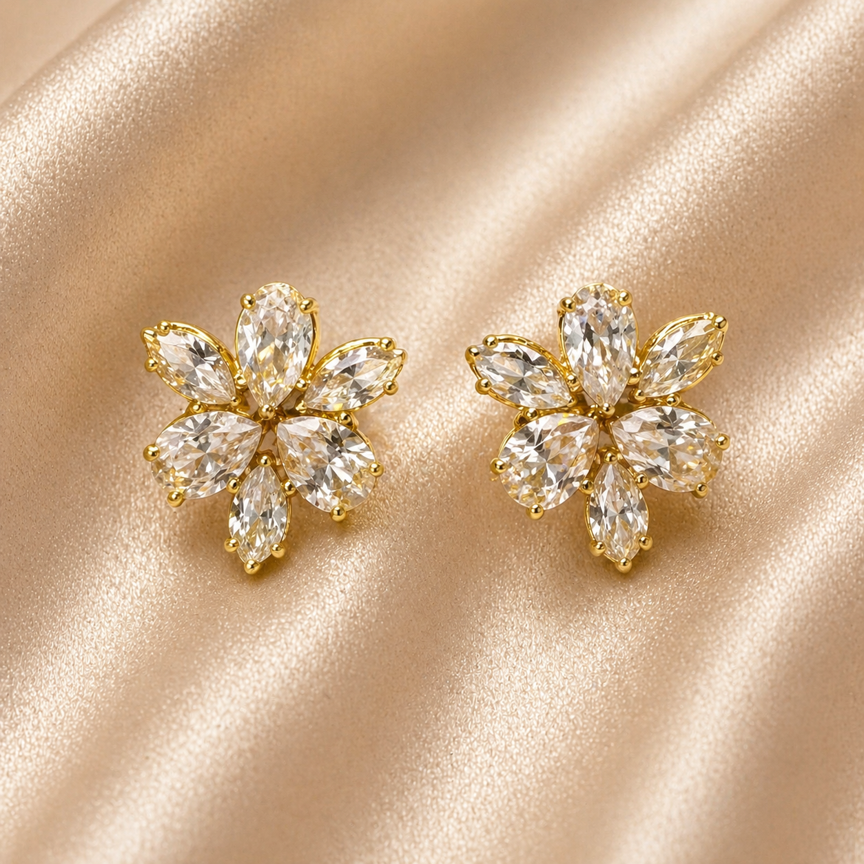 Golden Petal Crystal Stud Earrings