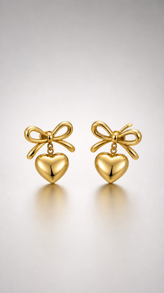 Ribbon Heart Drop Stud Earrings