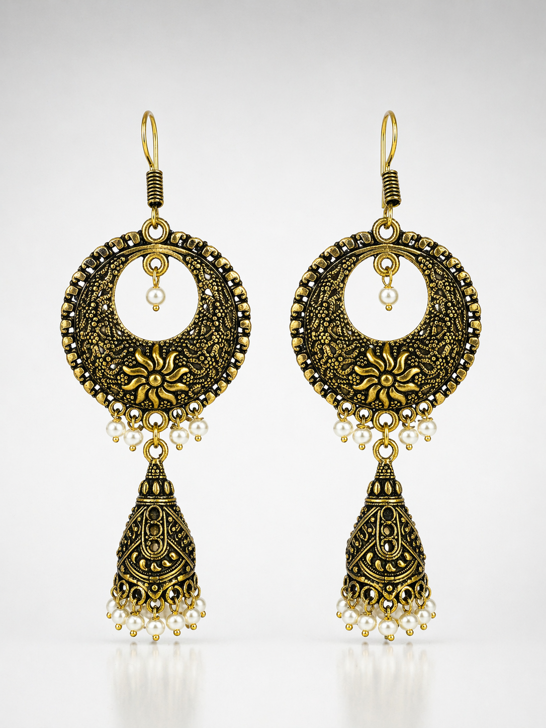 Aarohi Antique Gold Chandbali Jhumka Earrings