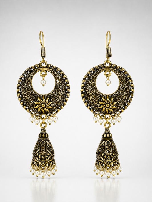 Aarohi Antique Gold Chandbali Jhumka Earrings