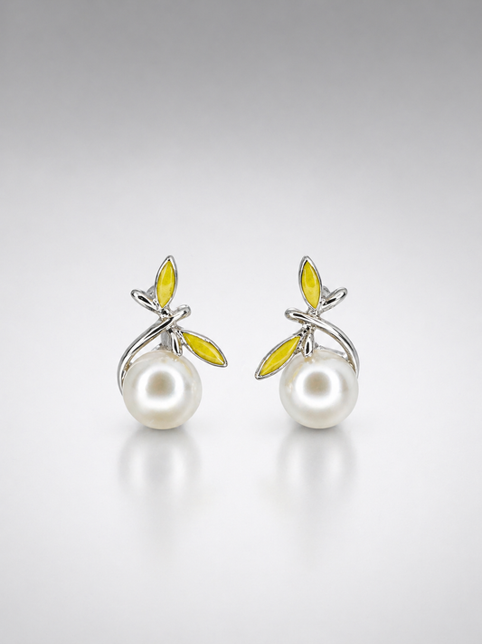 Citrus Leaf Pearl Stud Earrings