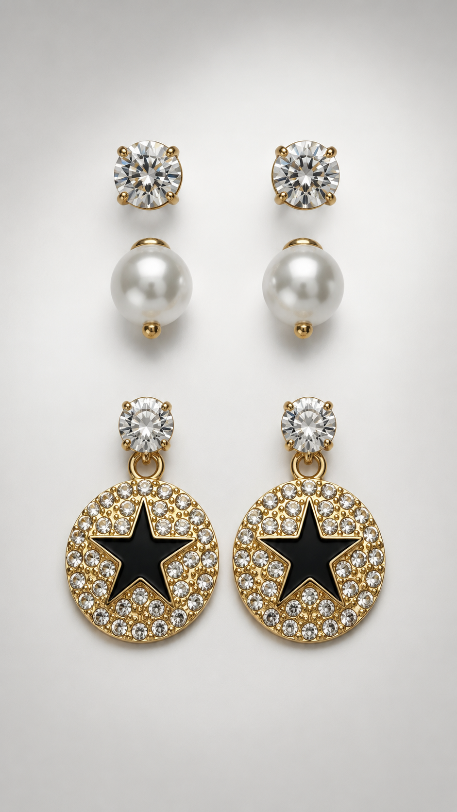 3-Pair Crystal, Pearl & Star Stud Earrings Set
