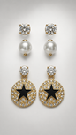 3-Pair Crystal, Pearl & Star Stud Earrings Set