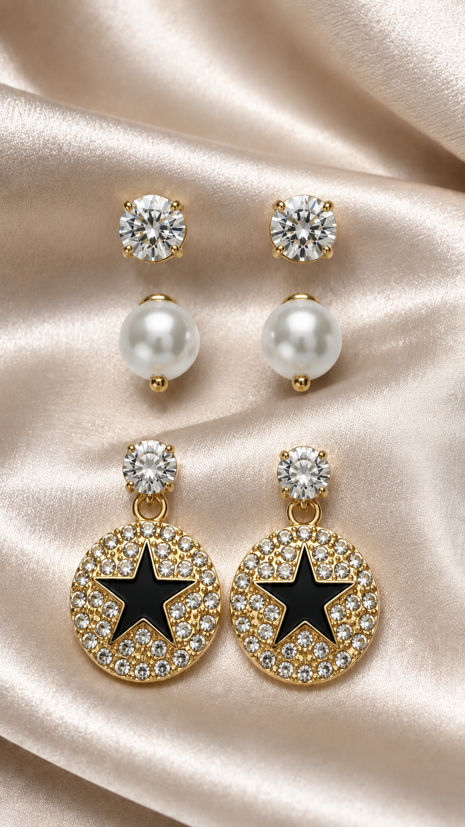 3-Pair Crystal, Pearl & Star Stud Earrings Set