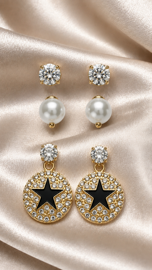 3-Pair Crystal, Pearl & Star Stud Earrings Set