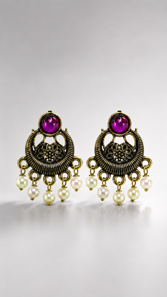 Magenta Bloom Pearl Drop Earrings