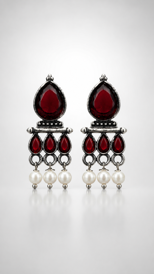 Crimson Elegance Pearl Drop Earrings