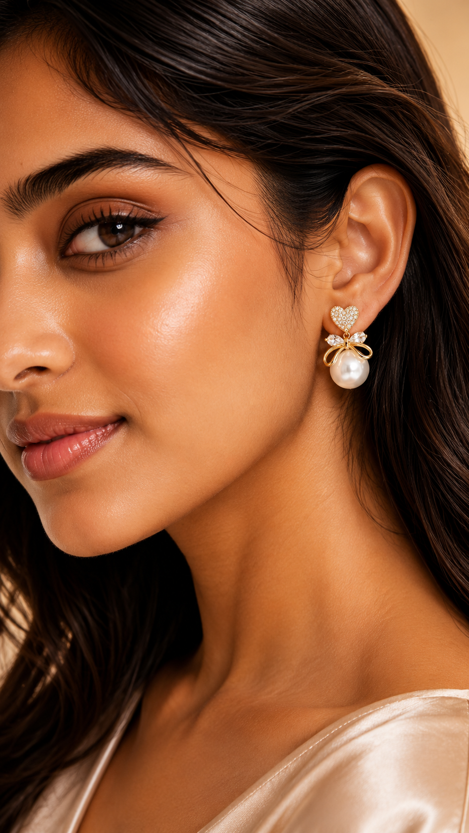 Crystal Heart Pearl Drop Earrings