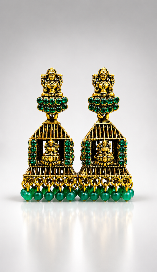 Lakshmi Antique Emerald Cage Jhumkas