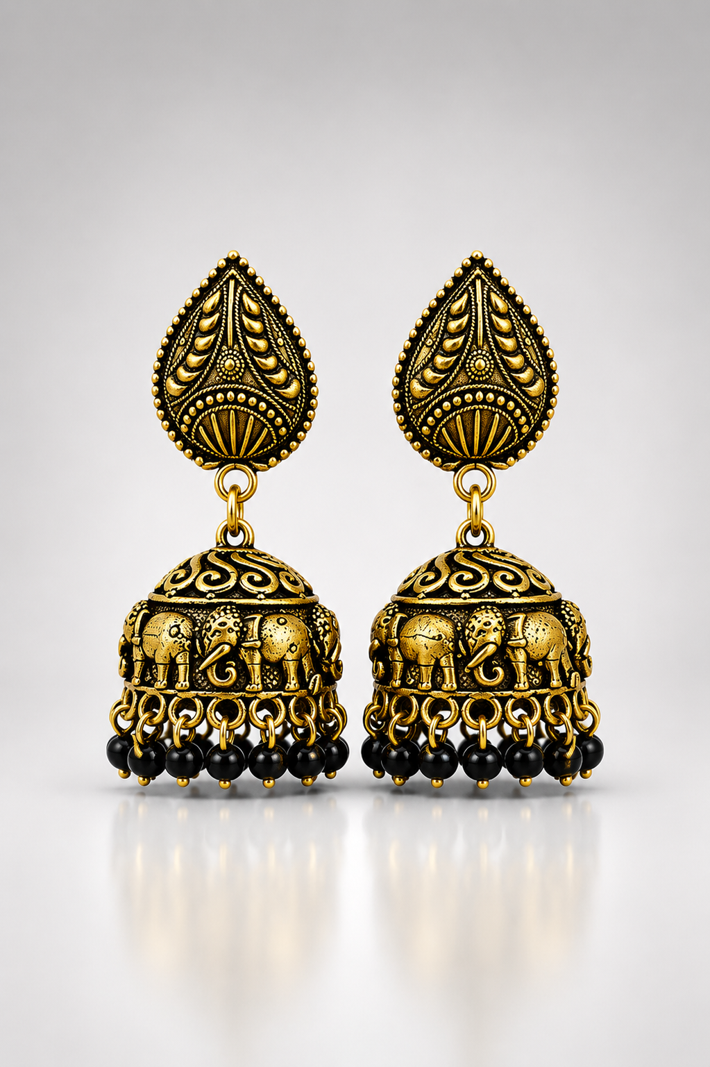 Gajalakshmi Black Bead Antique Jhumkas