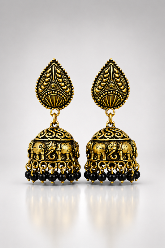 Gajalakshmi Black Bead Antique Jhumkas