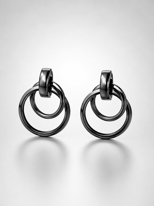 Interlocking Gunmetal Multi-Ring Drop Earrings