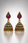 Antique Gold-Toned Ruby Temple Jhumkas