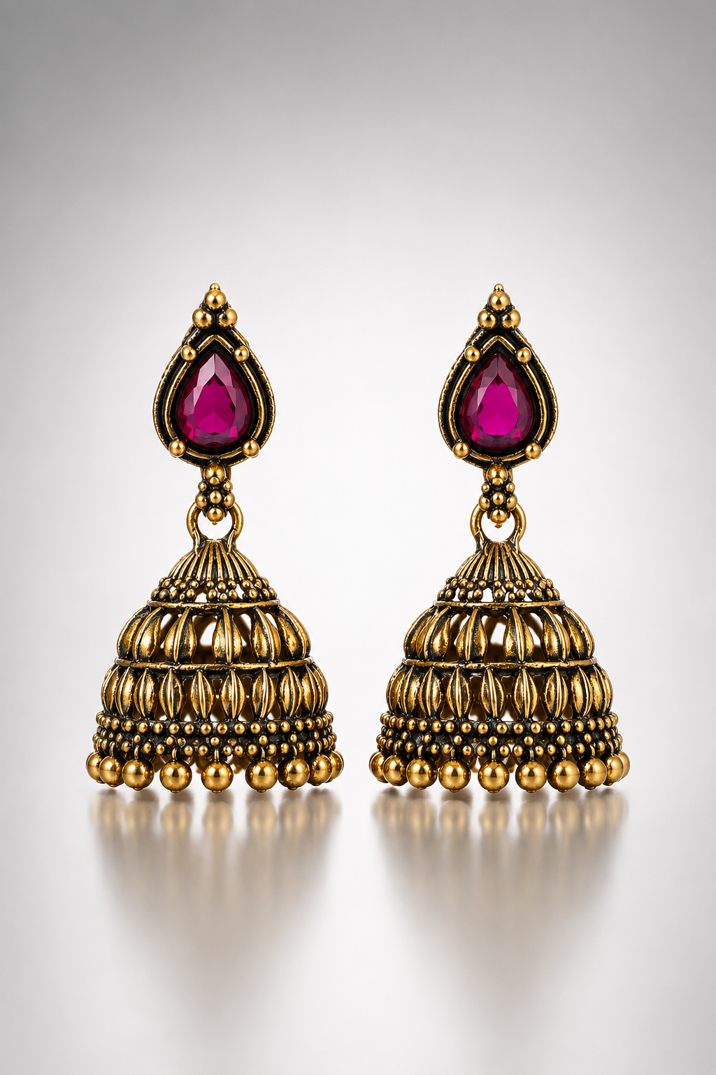 Antique Gold-Toned Ruby Temple Jhumkas