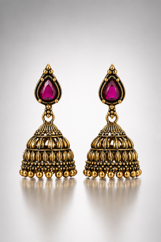 Antique Gold-Toned Ruby Temple Jhumkas