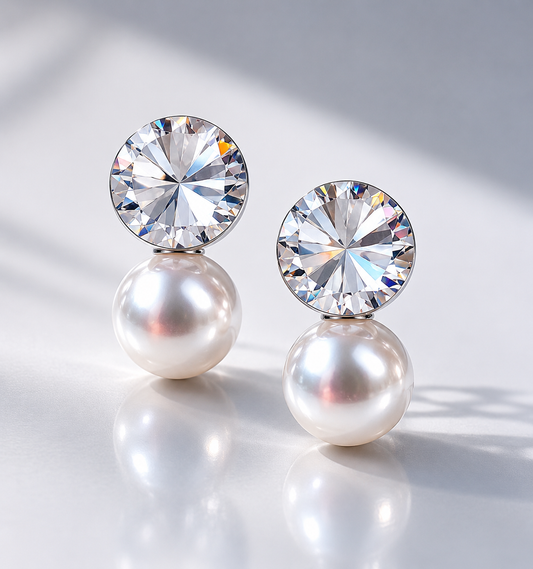 Solitaire Crystal & Pearl Stud Earrings