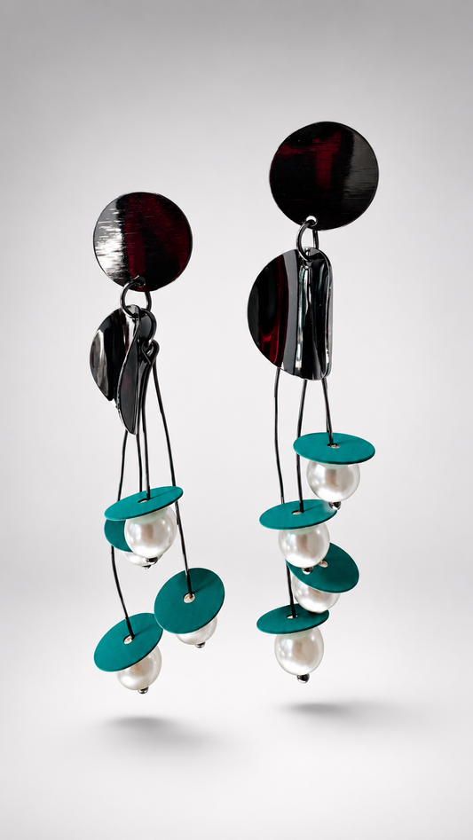 Abstract Teal & Pearl Dangle Earrings