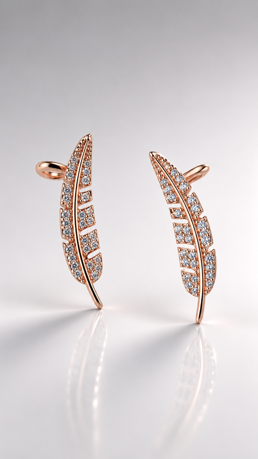 Crystal Feather Rose Gold-Toned Ear Crawlers
