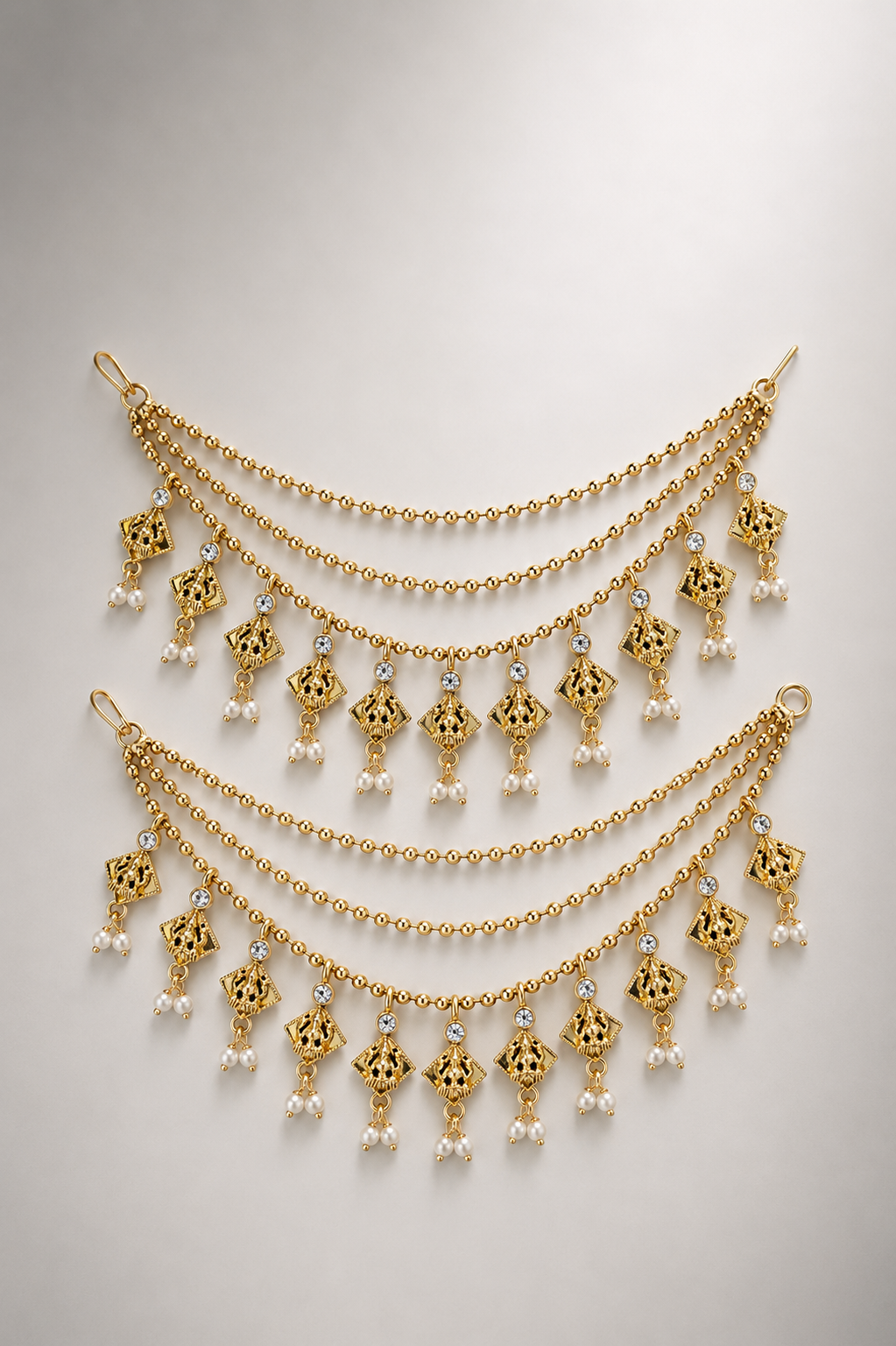 Traditional Three-Tiered Pearl Sahara Ear Chains