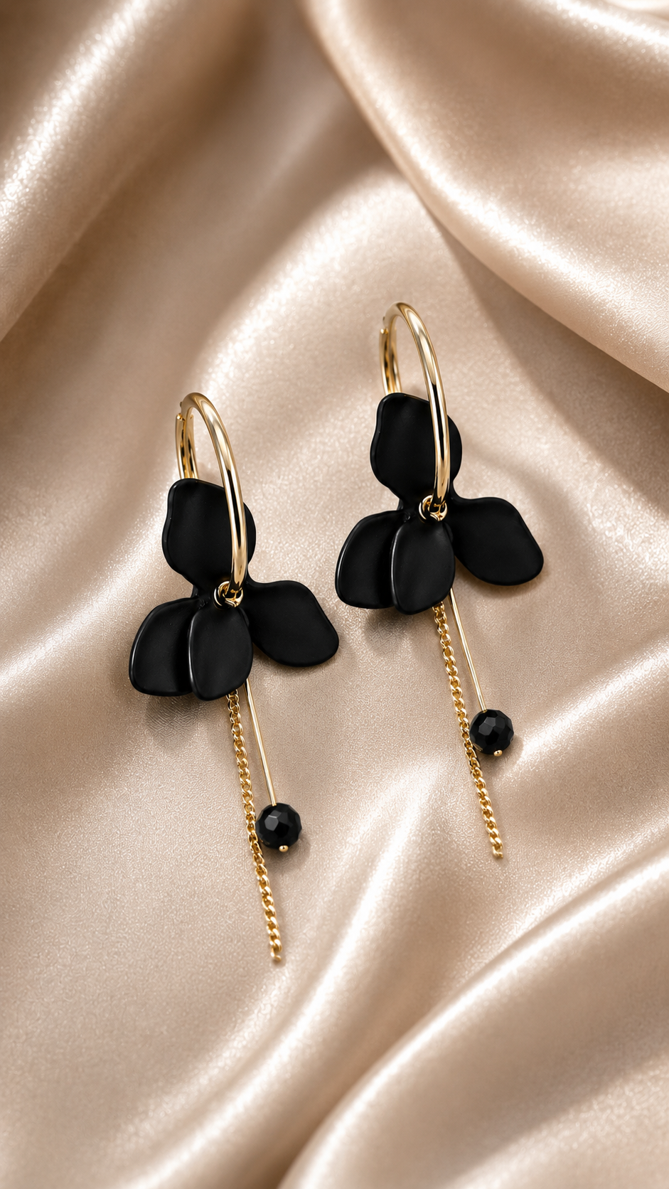Onyx Blossom Asymmetric Chain Hoop Earrings