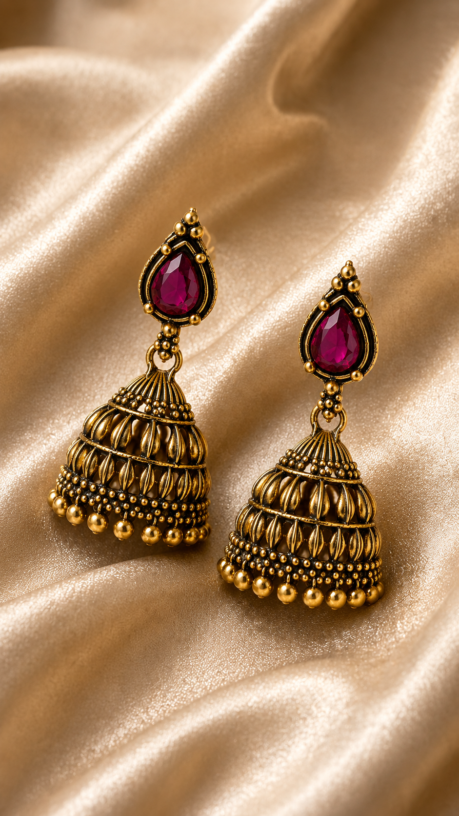 Antique Gold-Toned Ruby Temple Jhumkas