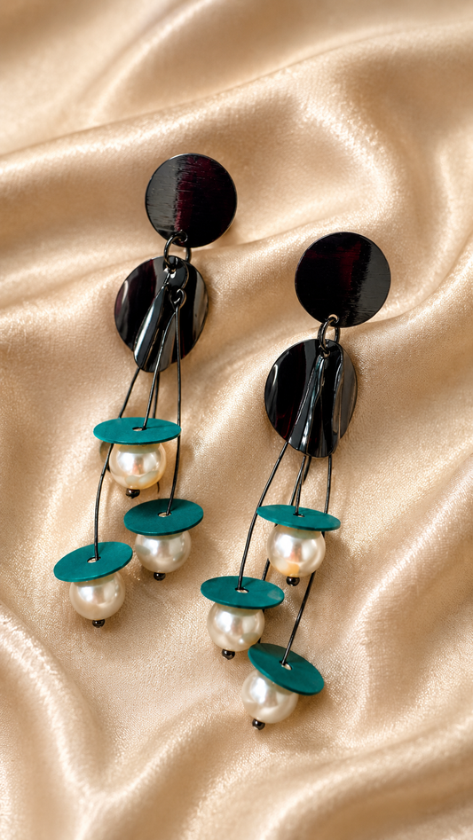 Abstract Teal & Pearl Dangle Earrings