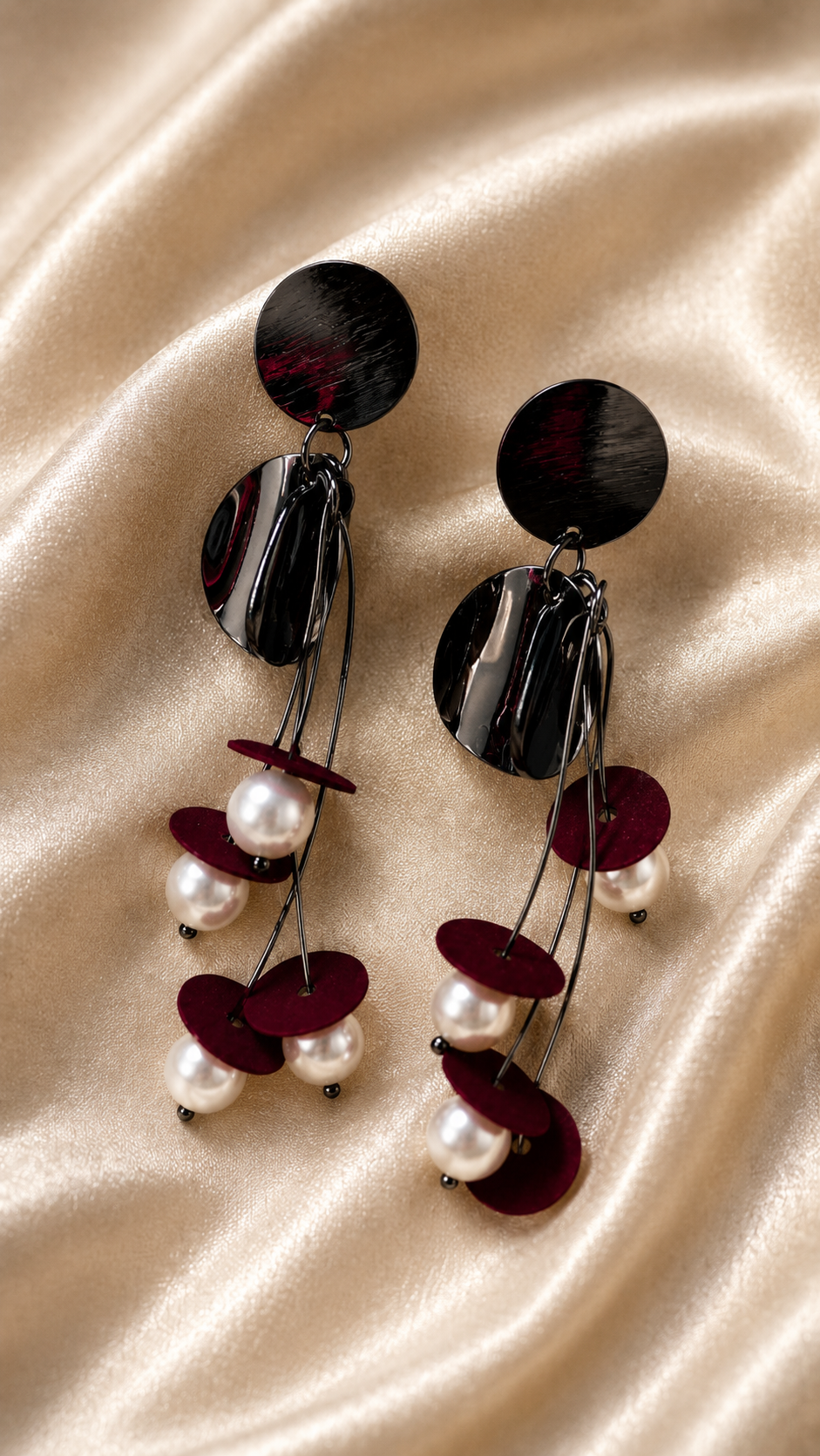 Abstract Crimson & Pearl Dangle Earrings
