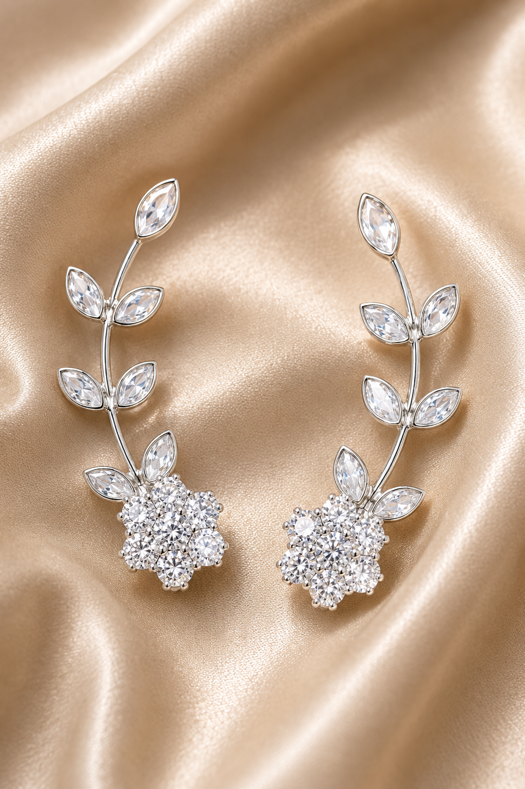 Crystal Blossom Silver-Toned Ear Crawlers