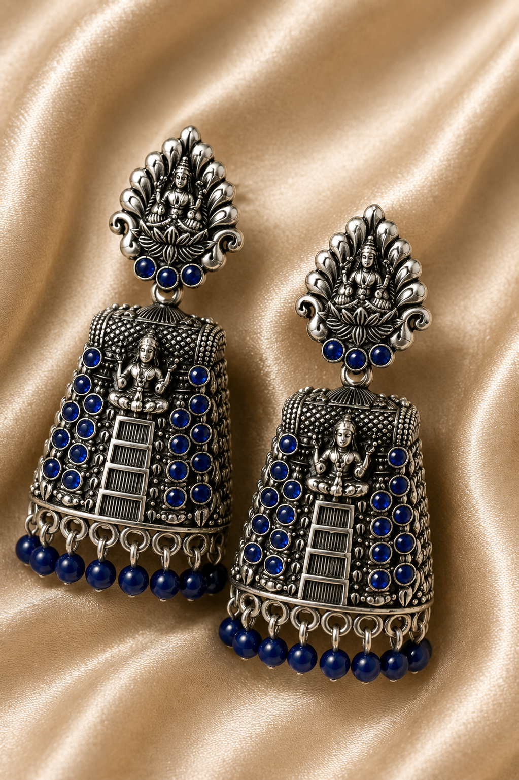 Lakshmi Oxidized Sapphire Temple Jhumka