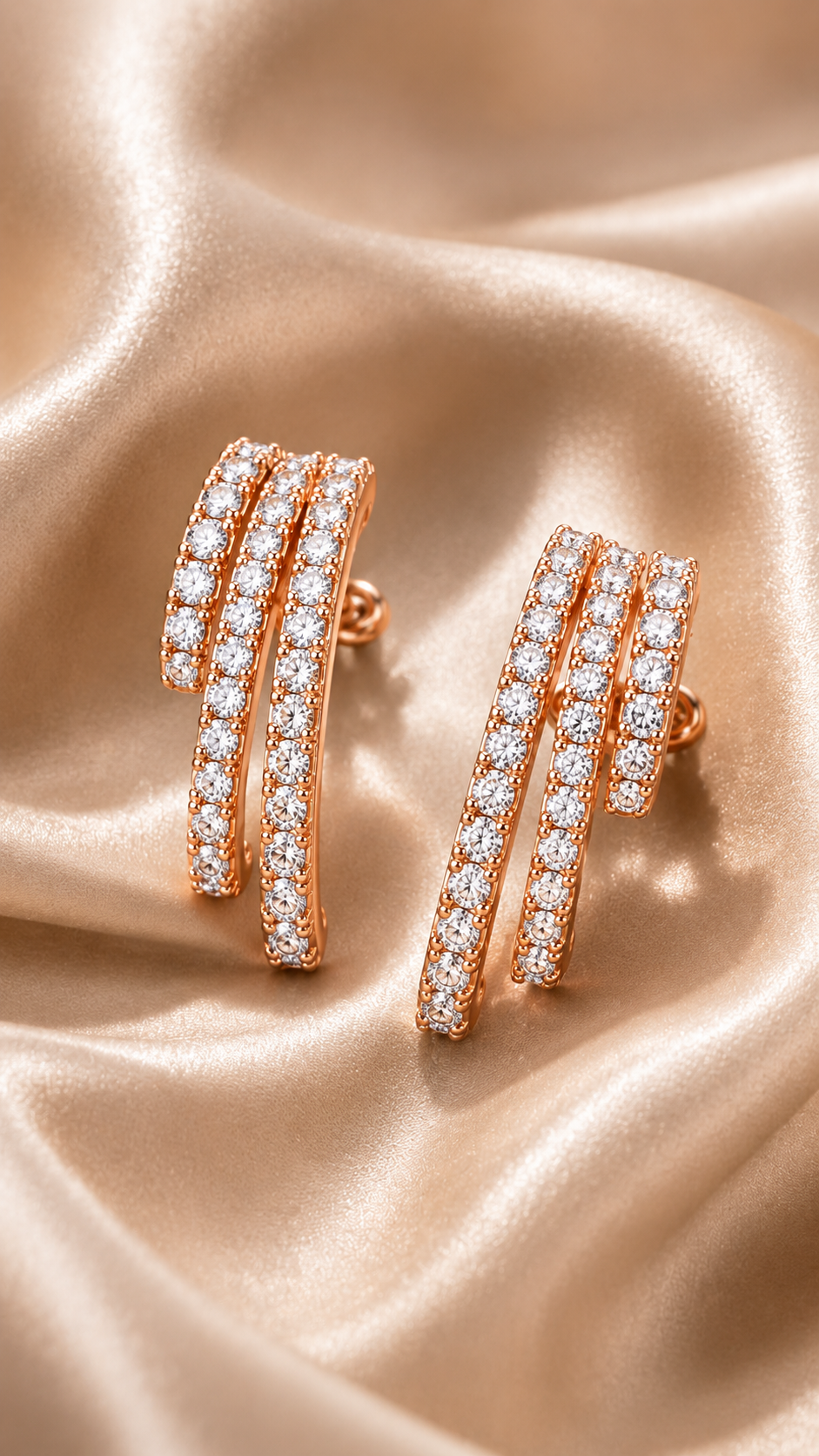 Triple-Row Crystal Cascade Stud Earrings