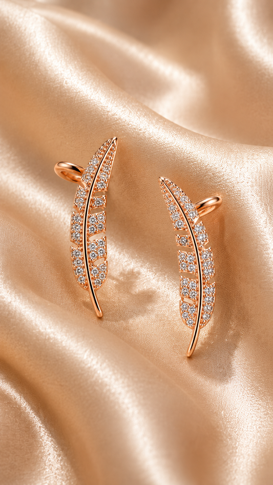 Crystal Feather Rose Gold-Toned Ear Crawlers