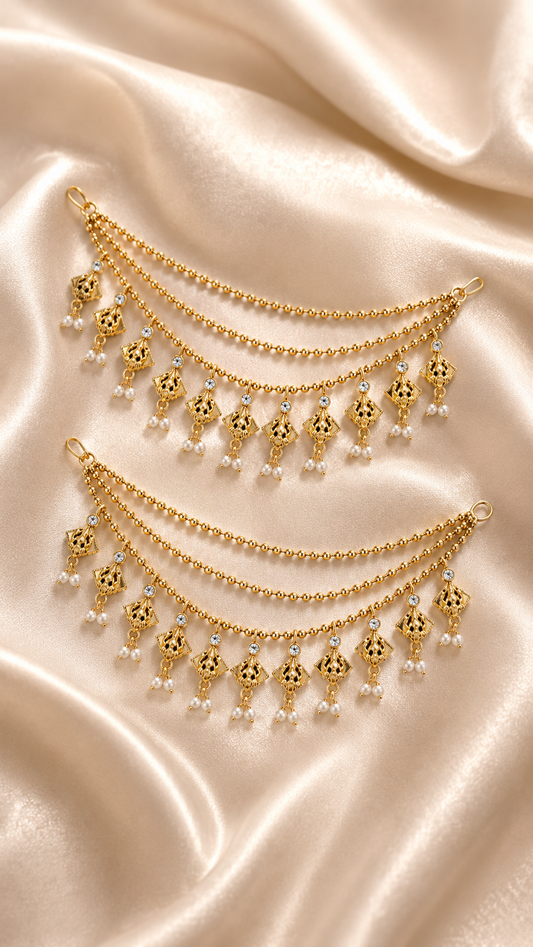 Traditional Three-Tiered Pearl Sahara Ear Chains