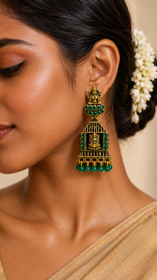 Lakshmi Antique Emerald Cage Jhumkas