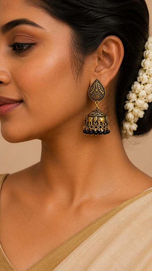 Gajalakshmi Black Bead Antique Jhumkas