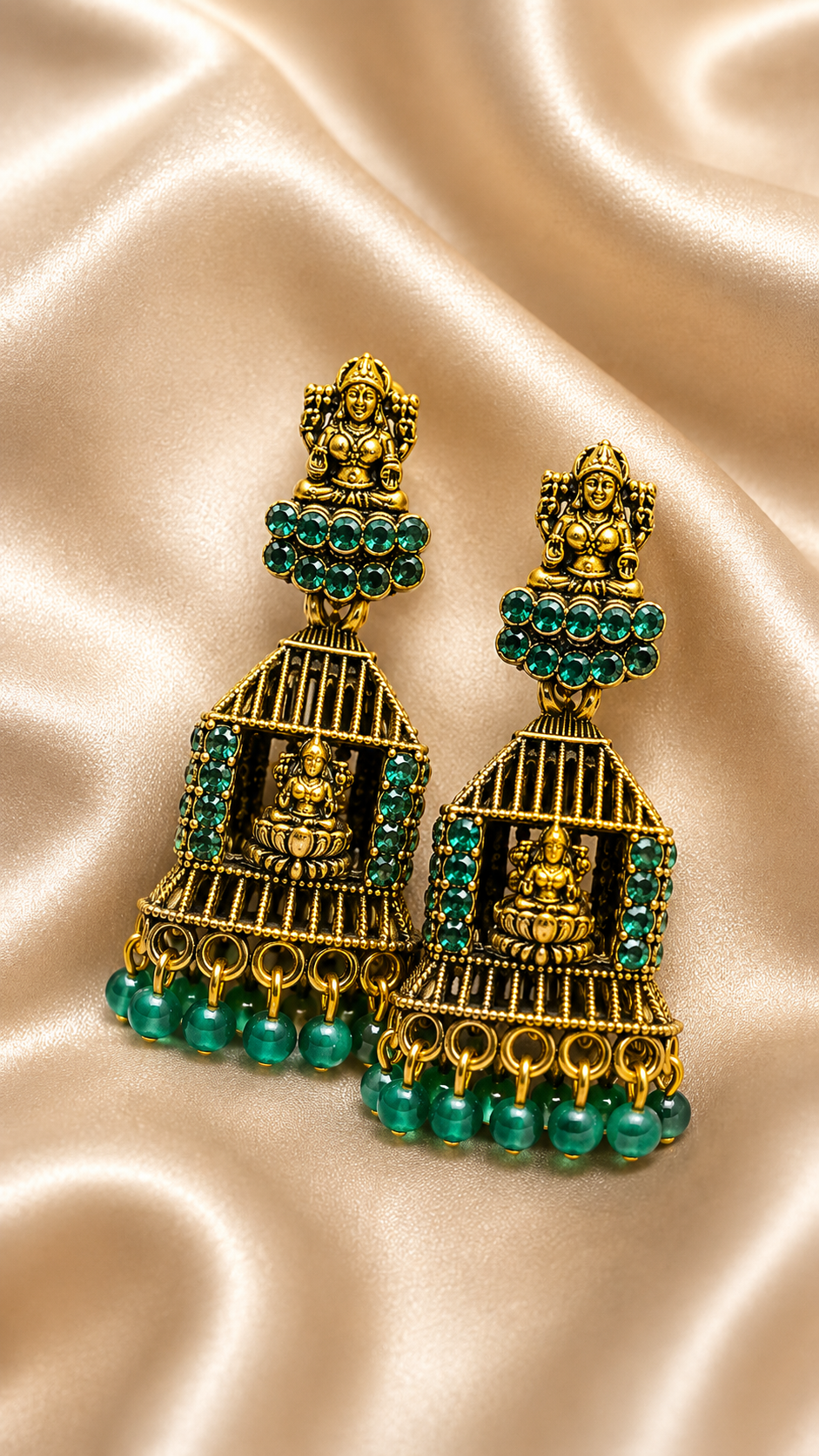 Lakshmi Antique Emerald Cage Jhumkas