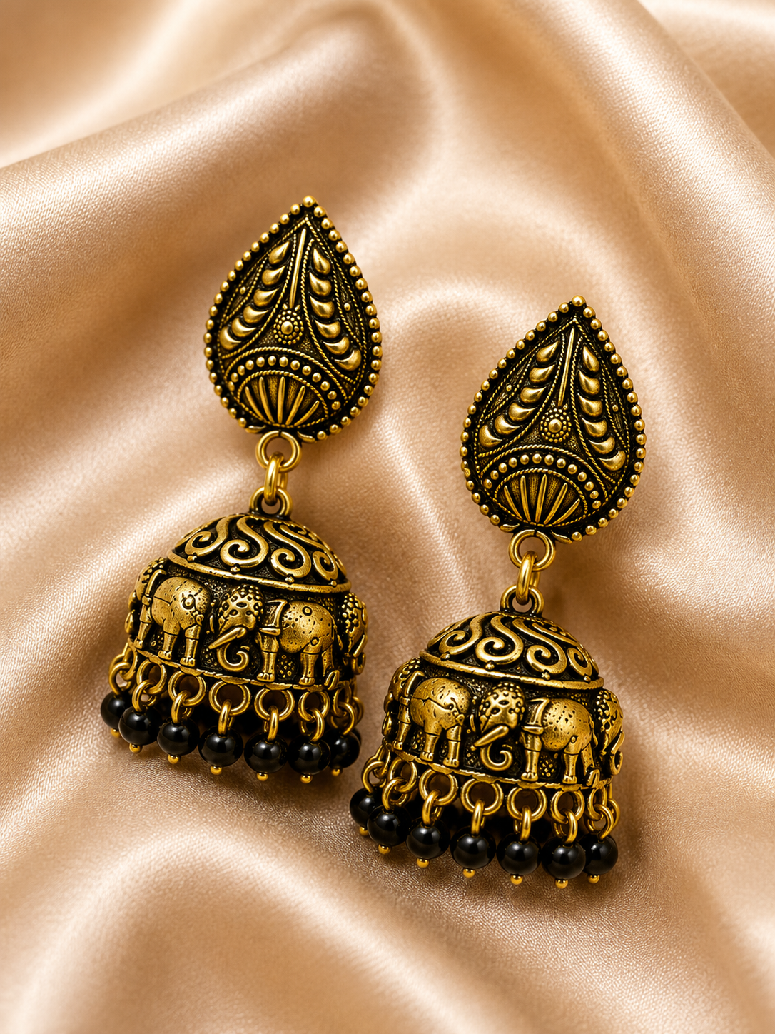 Gajalakshmi Black Bead Antique Jhumkas