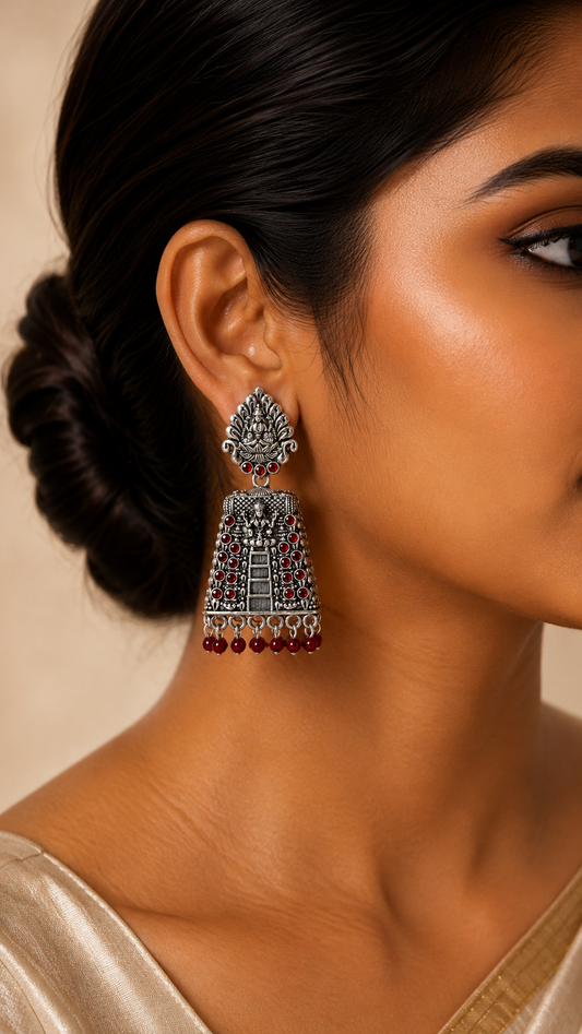 Lakshmi Oxidized Ruby Temple Jhumkas