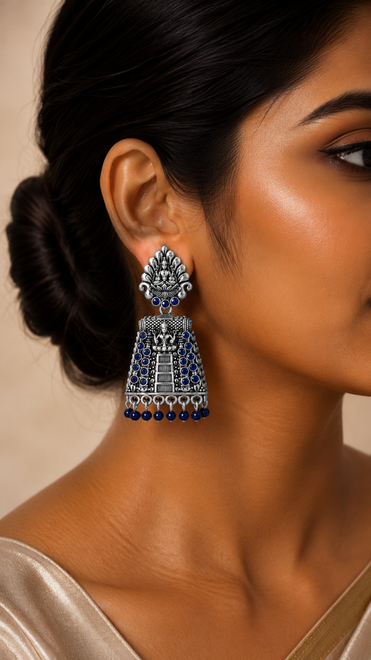 Lakshmi Oxidized Sapphire Temple Jhumka